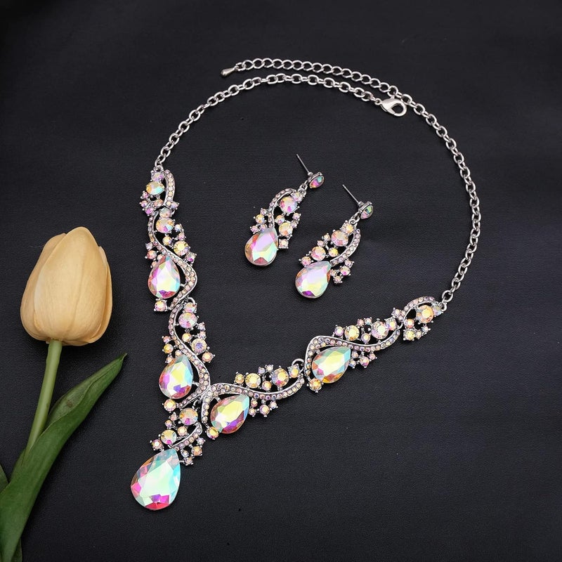 CSY Women's Elegant Bridal Necklace Earrings Stretch Bangle Bracelsts Set for Bride Bridesmaid Wedding Teardrop Crystal Costume Jewelry Sets - Image 5